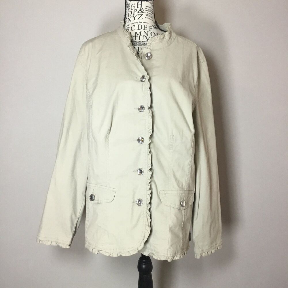 Cream military style jacket clear gem buttons ruffle edge XL
